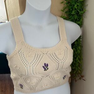 Pink rose brand crop crochet tank top with embroidered lavender flowers cream
